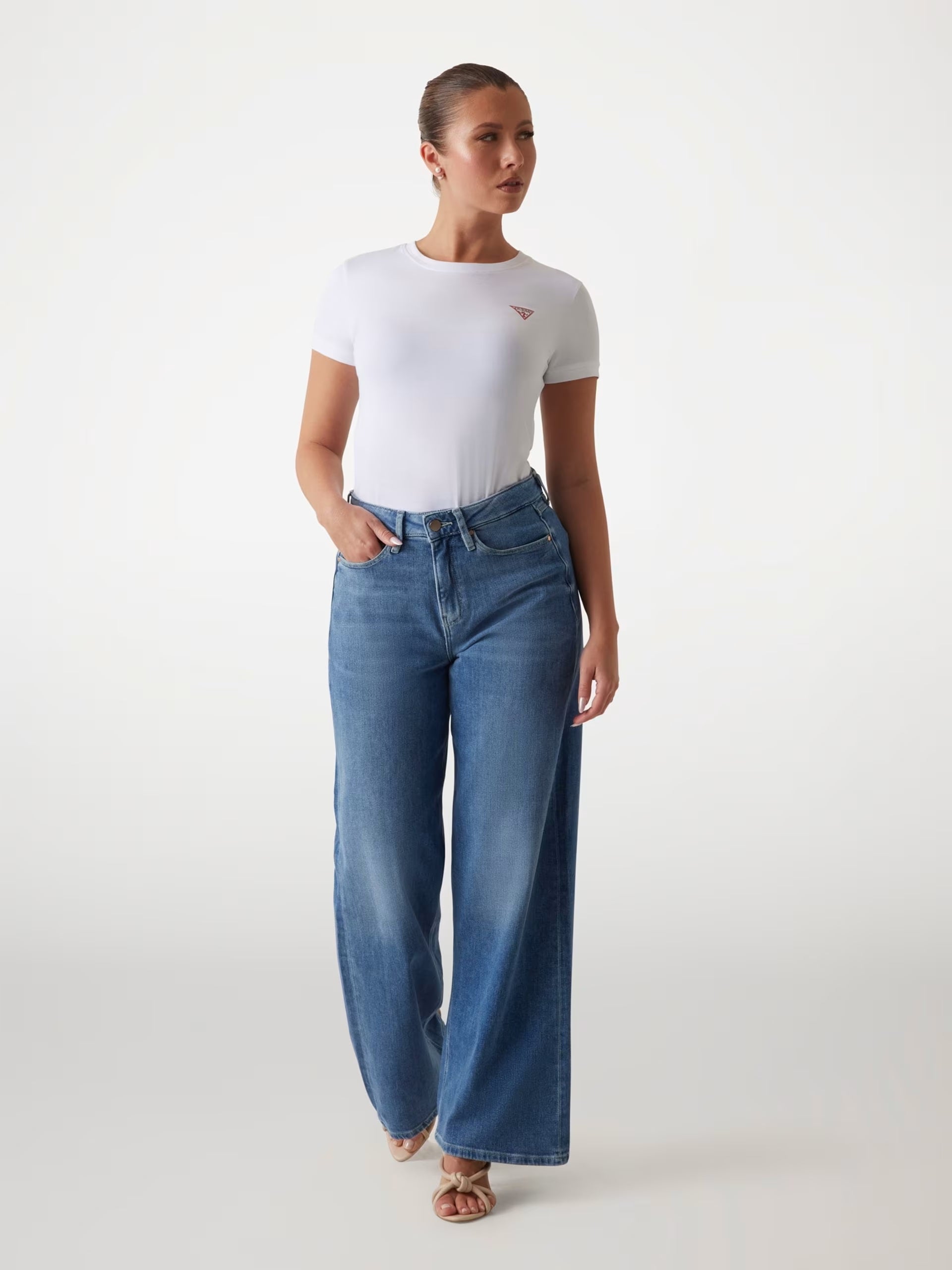 T-shirt bianca in Misto Cotone Stretch con Logo Triangolo Piccolo 