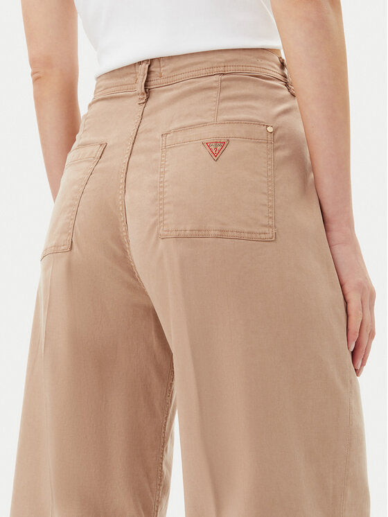 Pantalone Marrone a Gamba Larga con Vita Alta e Tasche Posteriori 