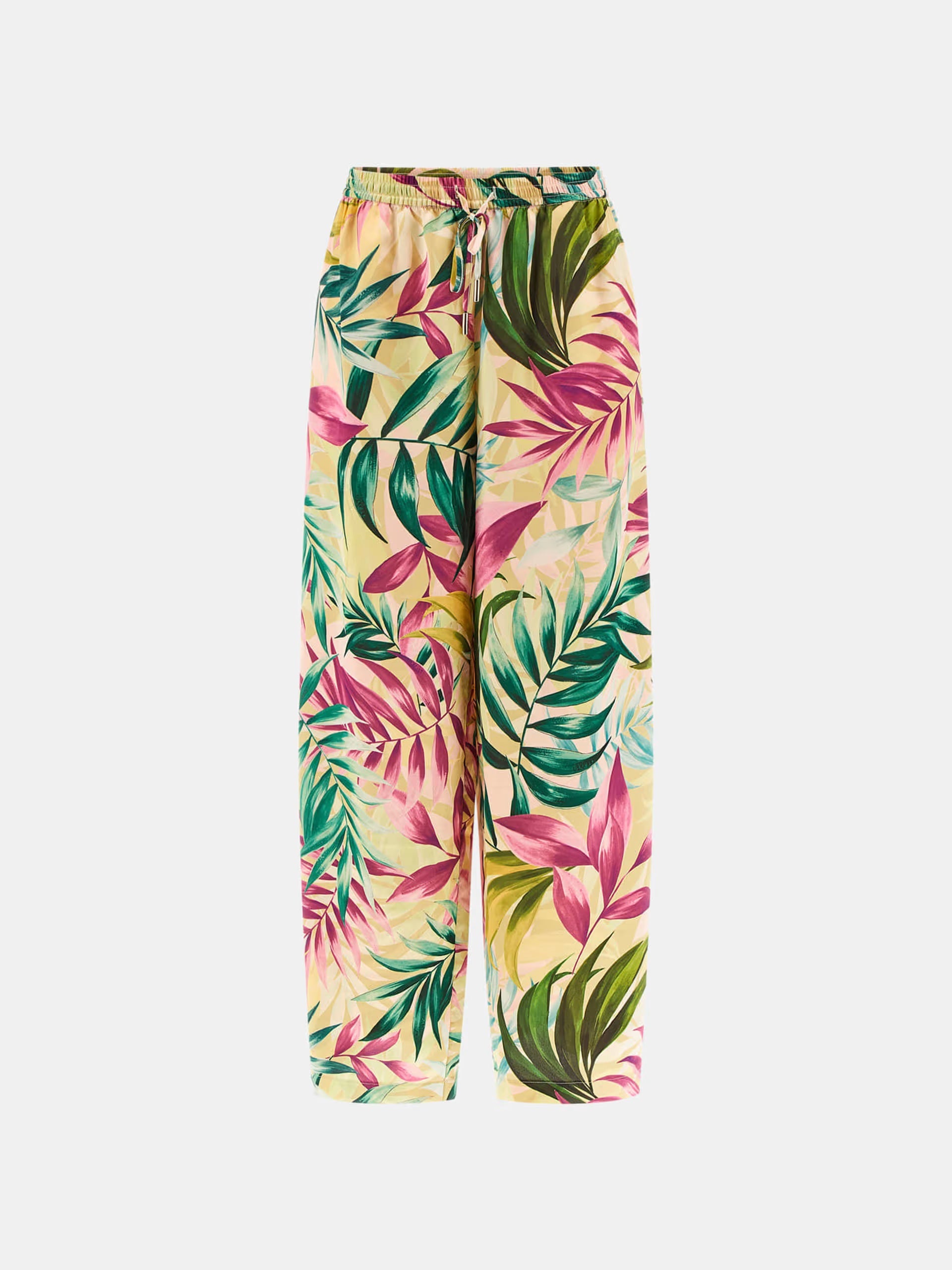 Pantalone Palazzo Fantasia Tropicale in Satin con Vita Elasticizzata 