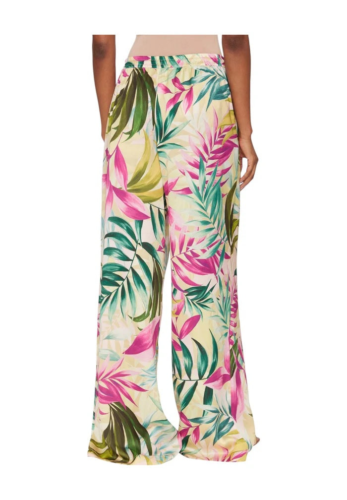 Pantalone Palazzo Fantasia Tropicale in Satin con Vita Elasticizzata 