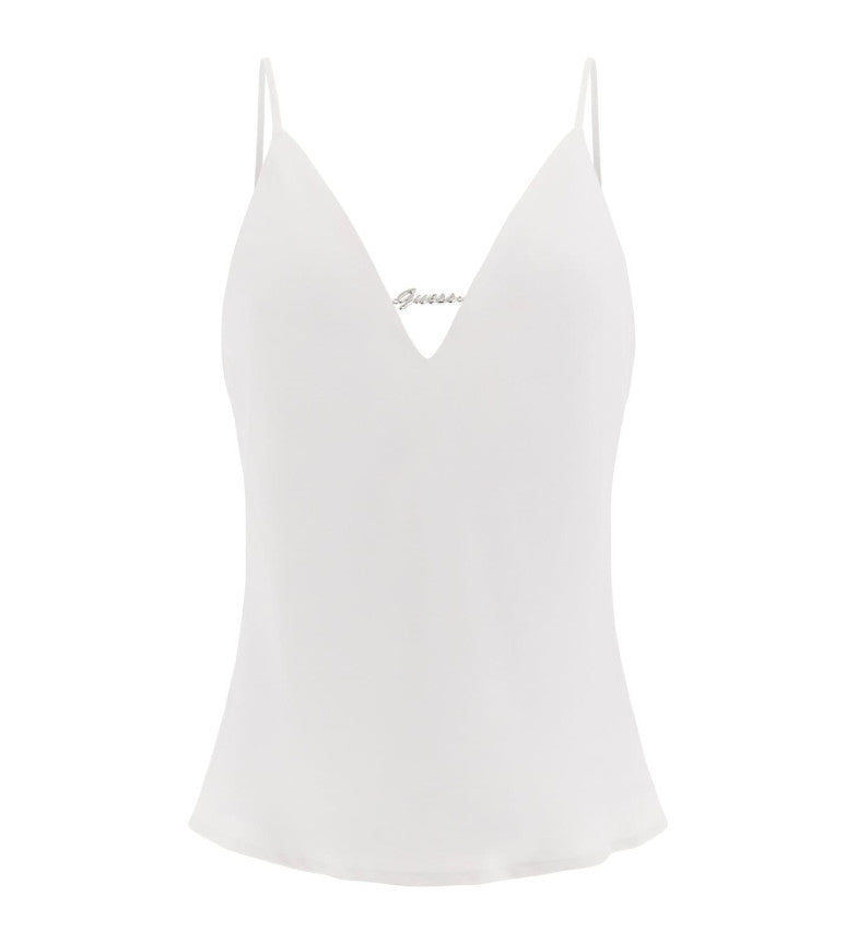Canotta "Guess Shine" bianca con Spalline Sottili e Scollo a V 