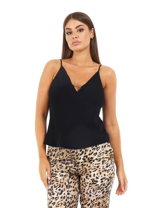 Canotta "Guess Shine" Nera con Spalline Sottili e Scollo a V 