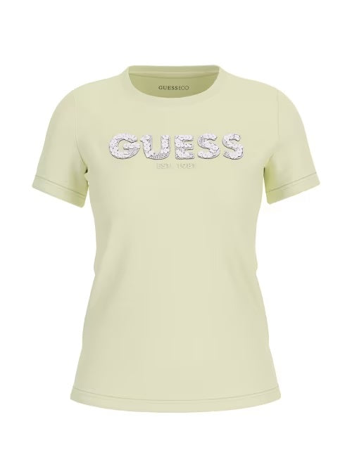 T-shirt "Est 1981" lime con Logo GUESS Glitterato 