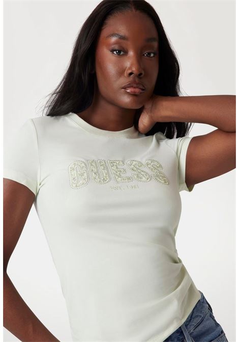 T-shirt "Est 1981" lime con Logo GUESS Glitterato 