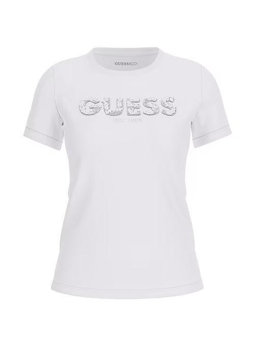 T-shirt "Est 1981" bianca con Logo GUESS Glitterato 