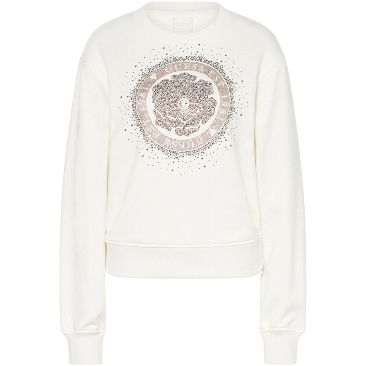 Felpa bianca con Logo Floreale Glitterato e Stampa "Guess Est. 1981" 