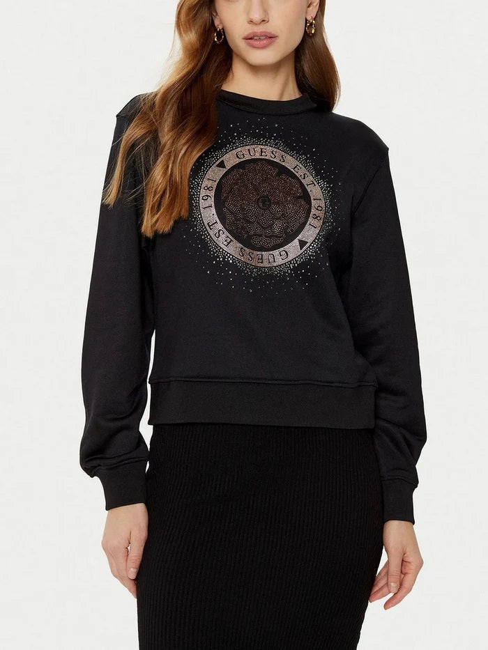 Felpa Nera con Logo Floreale Glitterato e Stampa "Guess Est. 1981" 