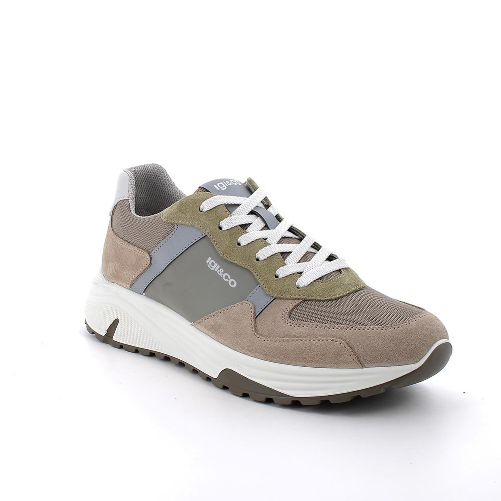 Sneakers Beige in Pelle e Tessuto con Suola Ergonomica 