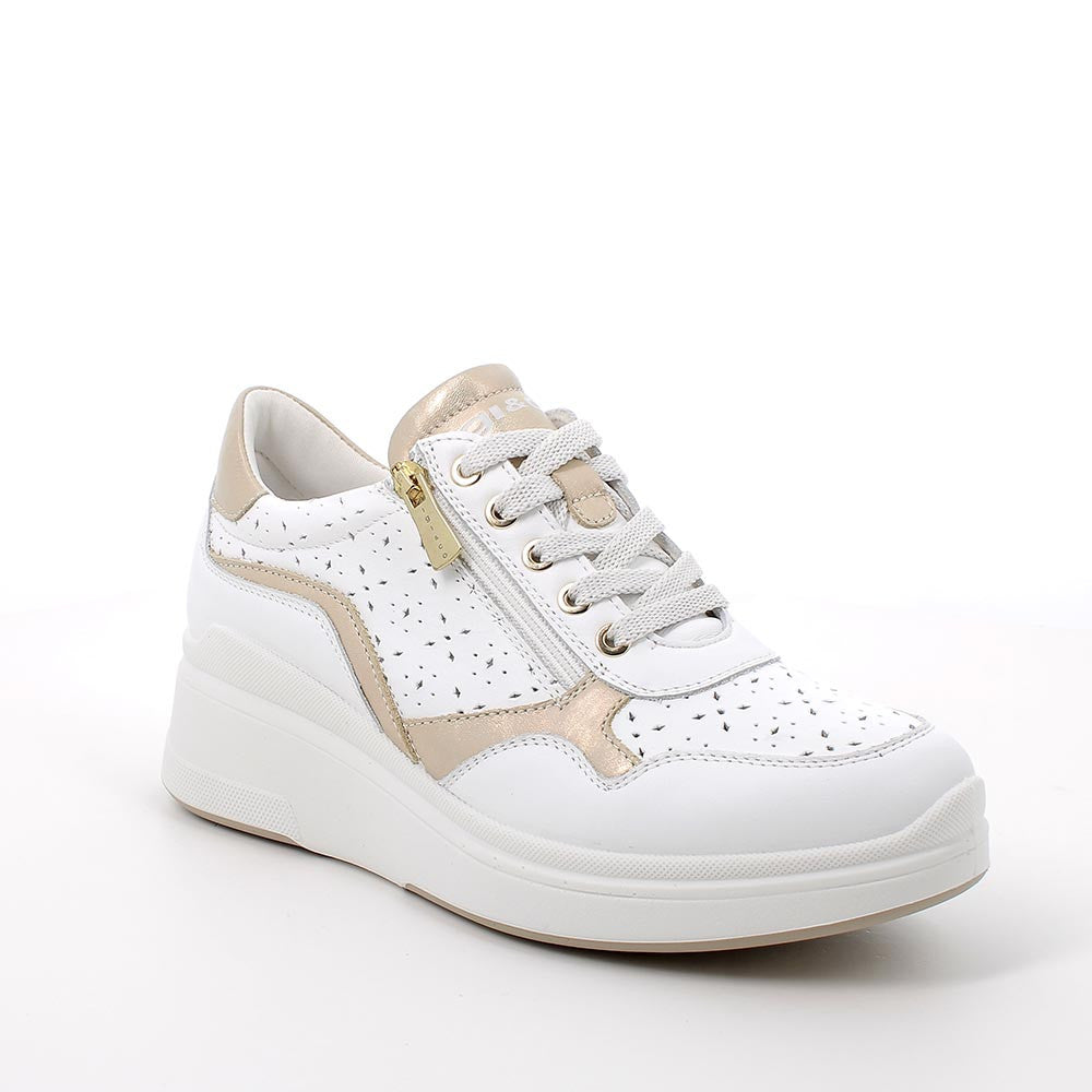 Sneakers Bianche da Donna con Zeppa, Lacci e Zip Laterale 
