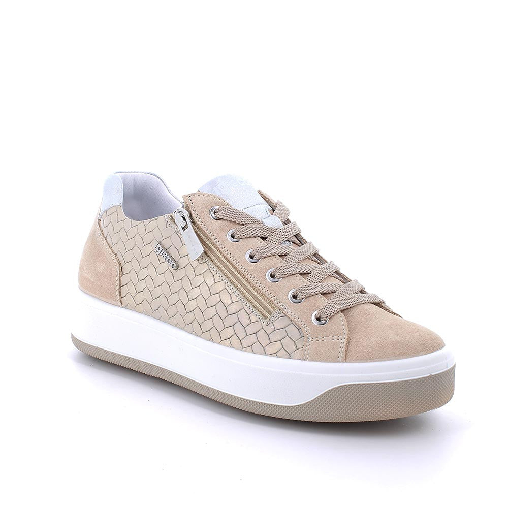 Sneakers Beige e Platino con Zip Laterale e Tomaia Traforata 