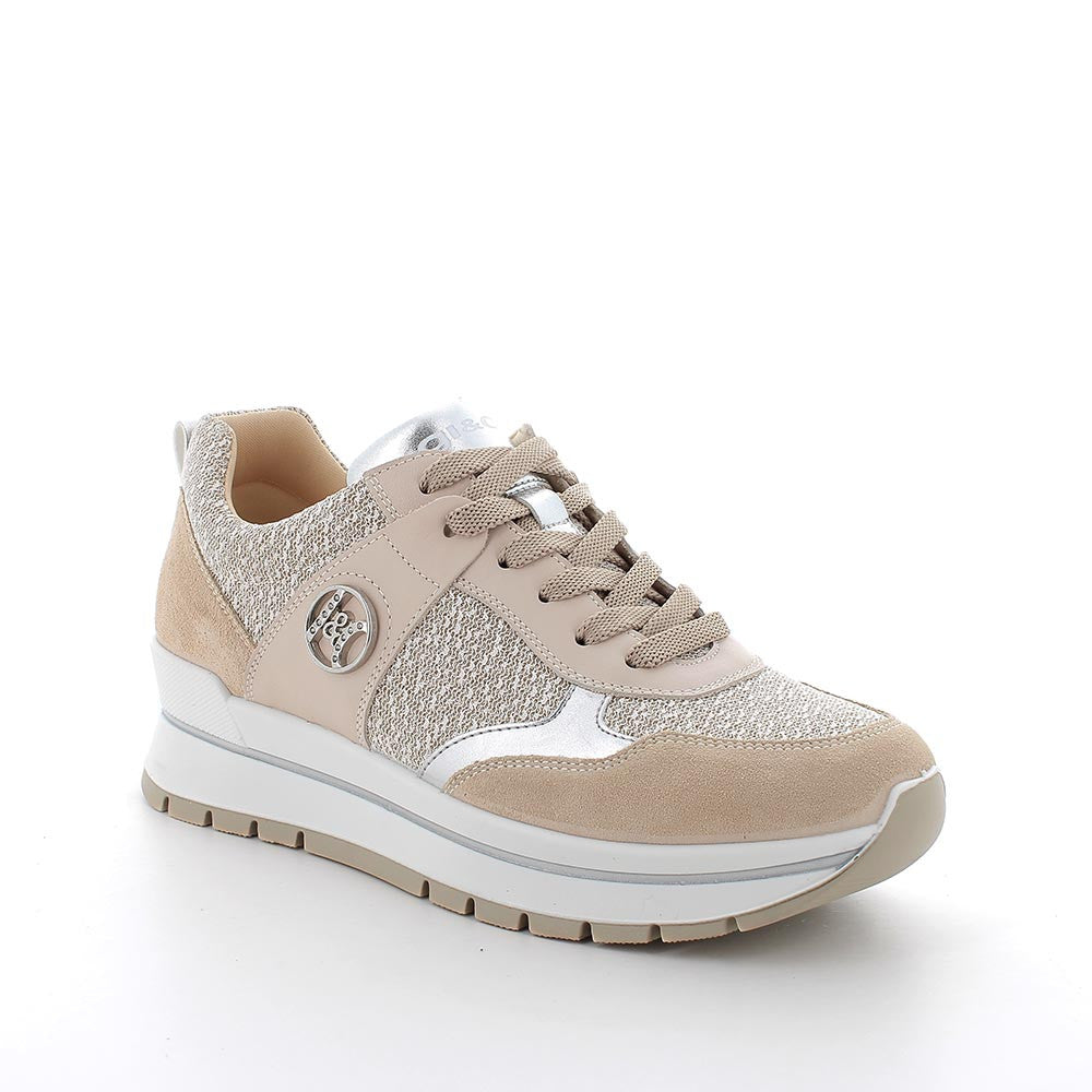 Sneakers Beige da Donna in Pelle con Lacci e Zeppa Leggera 