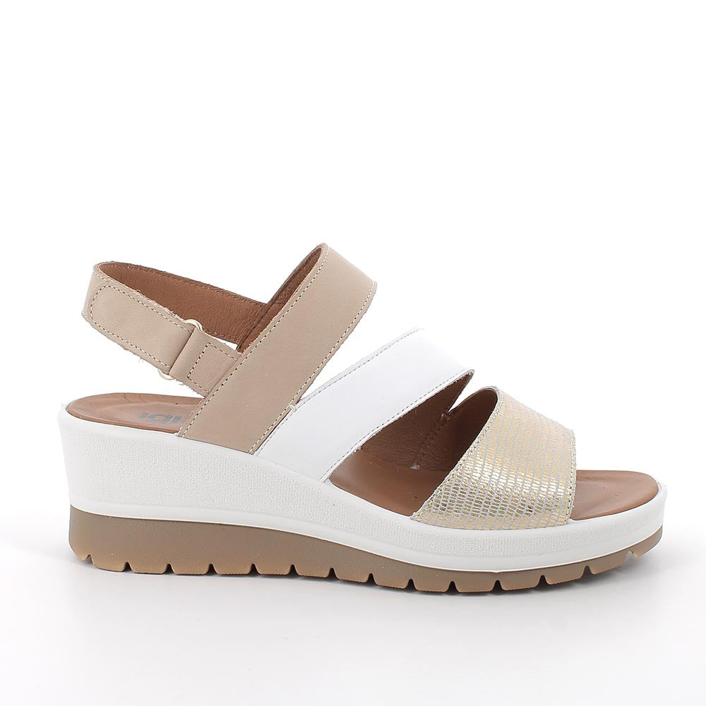 Sandali con Zeppa Beige e Platino in Pelle con Chiusura Strap 