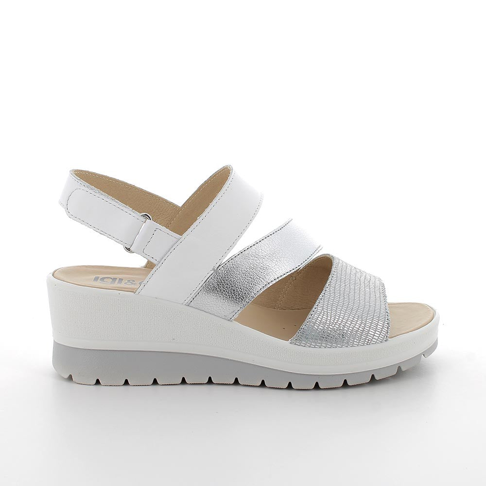 Sandali con Zeppa argento e Bianco in Pelle con Chiusura Strap 