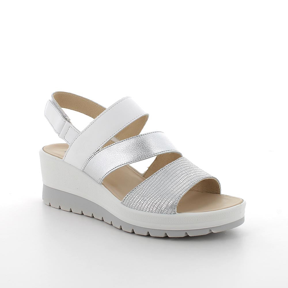 Sandali con Zeppa argento e Bianco in Pelle con Chiusura Strap 