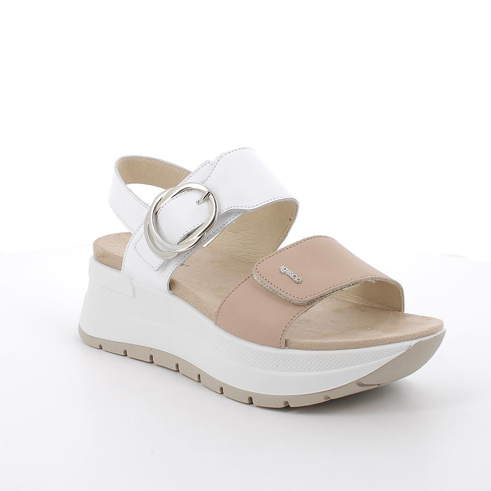 Sandali con Zeppa Beige e Bianco in Pelle con Strap e Fibbia Decorativa 