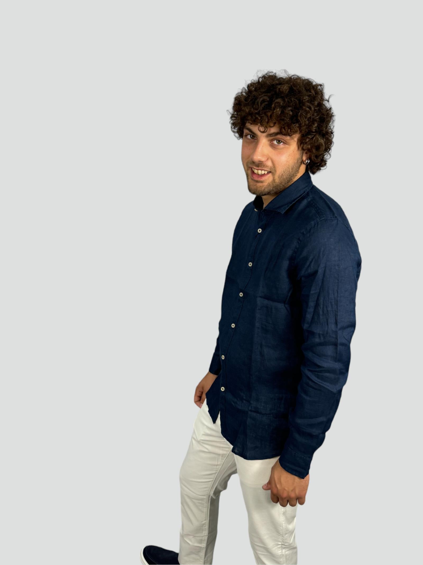Camicia blu in 100% Lino a maniche lunghe 