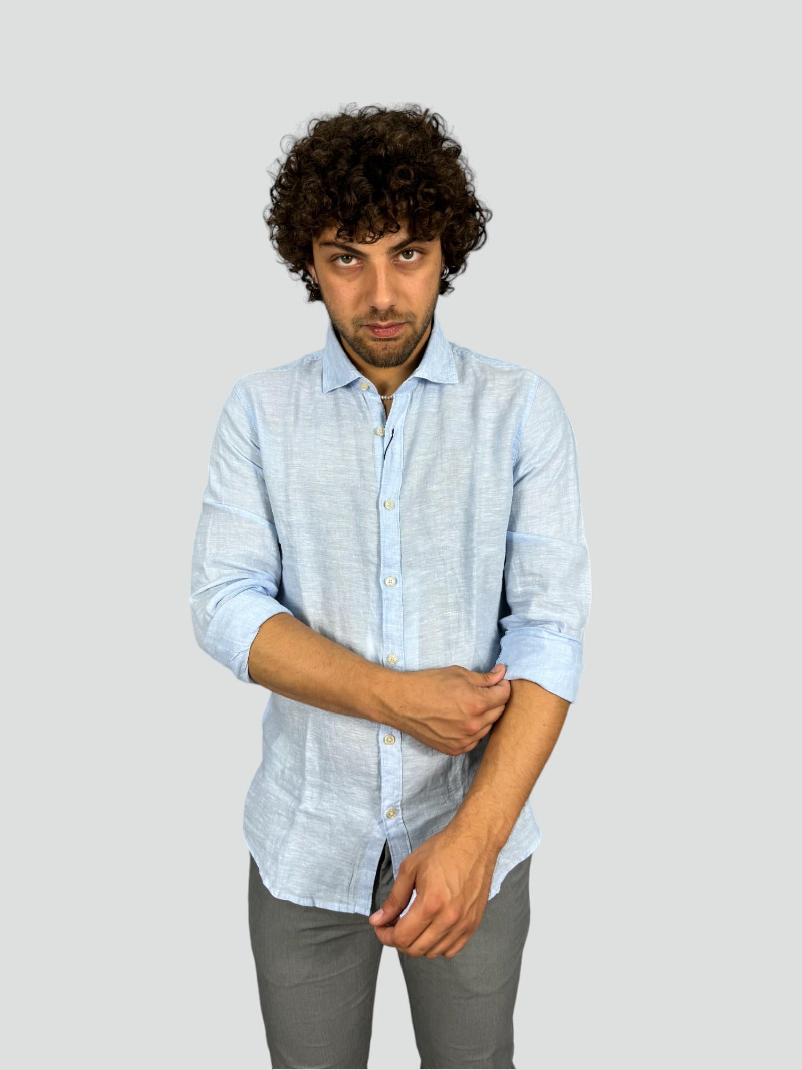 Camicia celeste da uomo in puro lino 