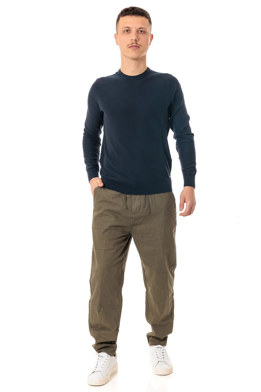 Maglia Girocollo blu in Cotone Punto Riso Regular Fit 