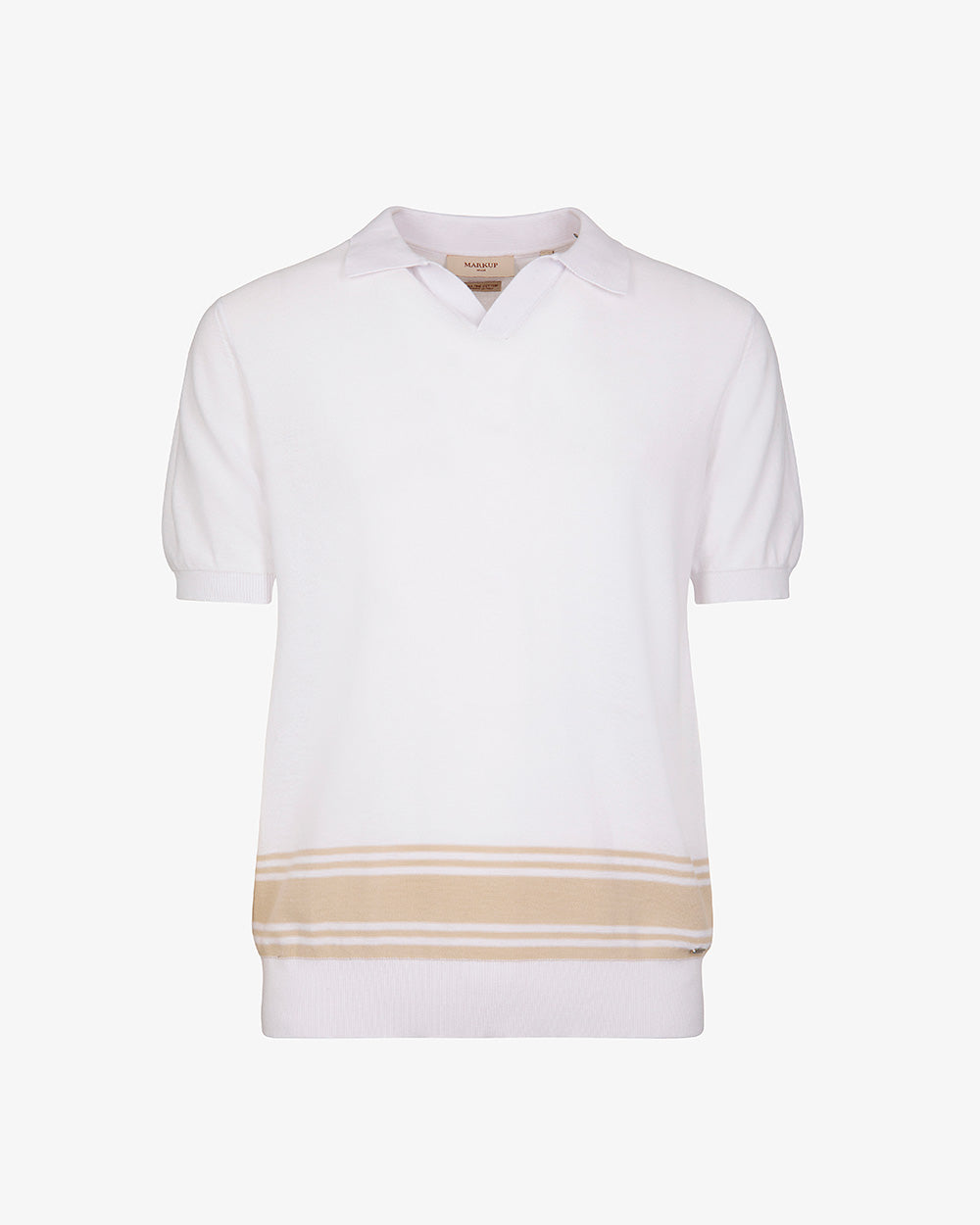 Polo Derby in Maglia di Cotone Bianco con Riga Beige a Manica Corta 