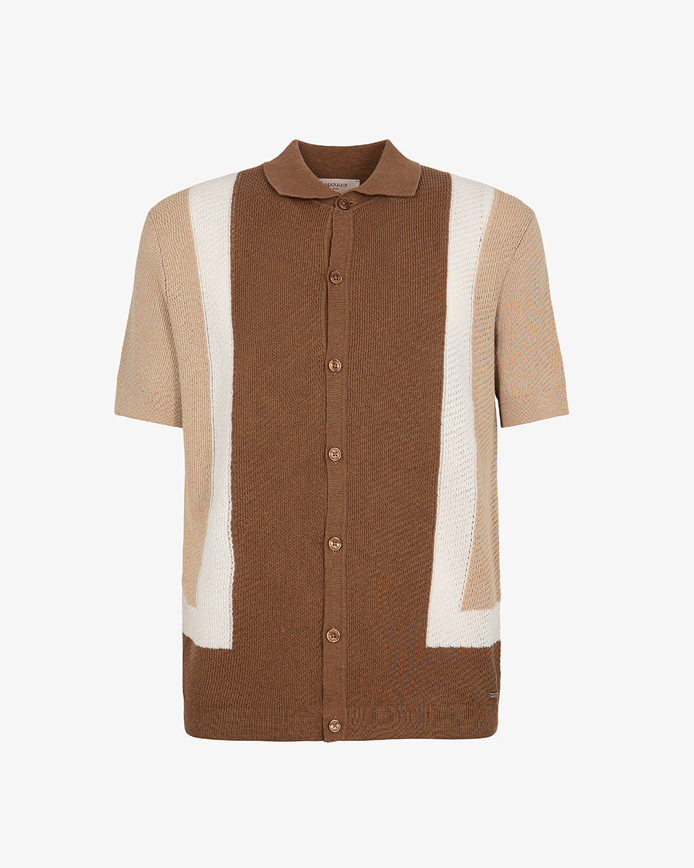 Camicia in Misto Lino Tabacco a Mezza Manica con Motivo Block Color 