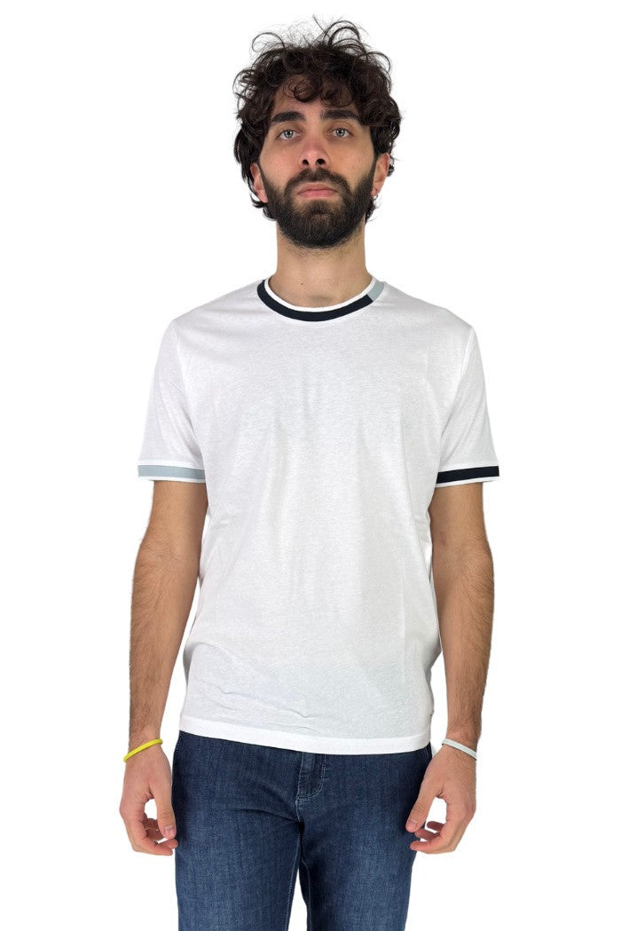 T-shirt Girocollo in Jersey Bianco con Collo e Polsi a Contrasto 