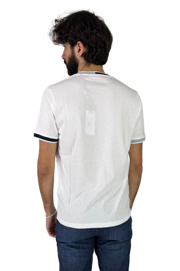 T-shirt Girocollo in Jersey Bianco con Collo e Polsi a Contrasto 