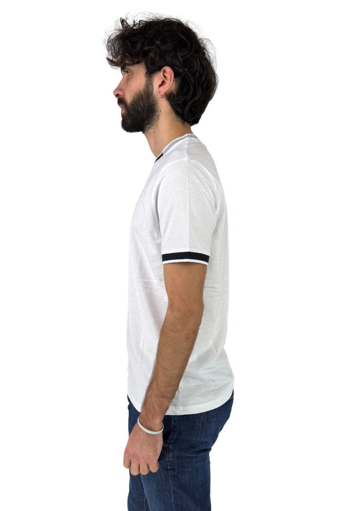 T-shirt Girocollo in Jersey Bianco con Collo e Polsi a Contrasto 