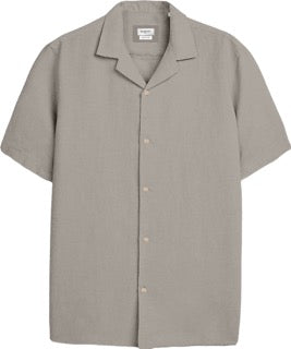 Camicia color corda con Collo Riviera a Maniche Corte in Misto Lino 