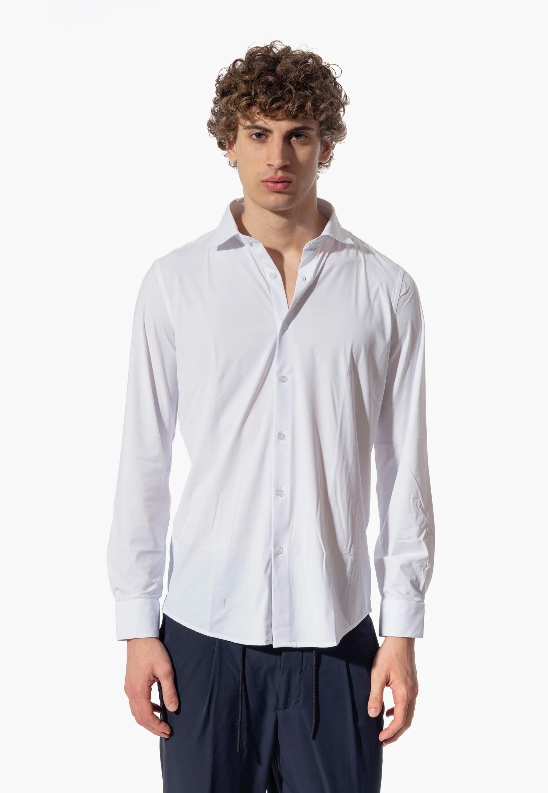 Camicia in Nylon bianca a Maniche Lunghe con Collo Italiano 