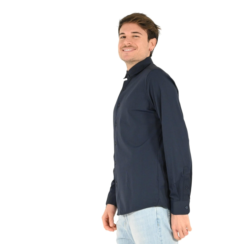Camicia blu in Nylon a Maniche Lunghe con Collo Italiano 