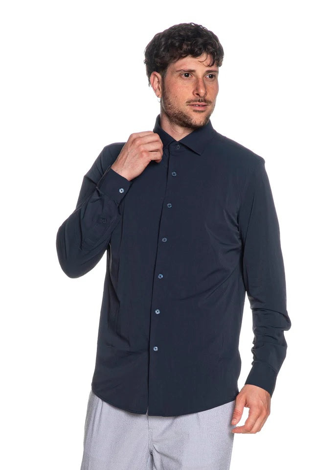 Camicia blu in Nylon a Maniche Lunghe con Collo Italiano 