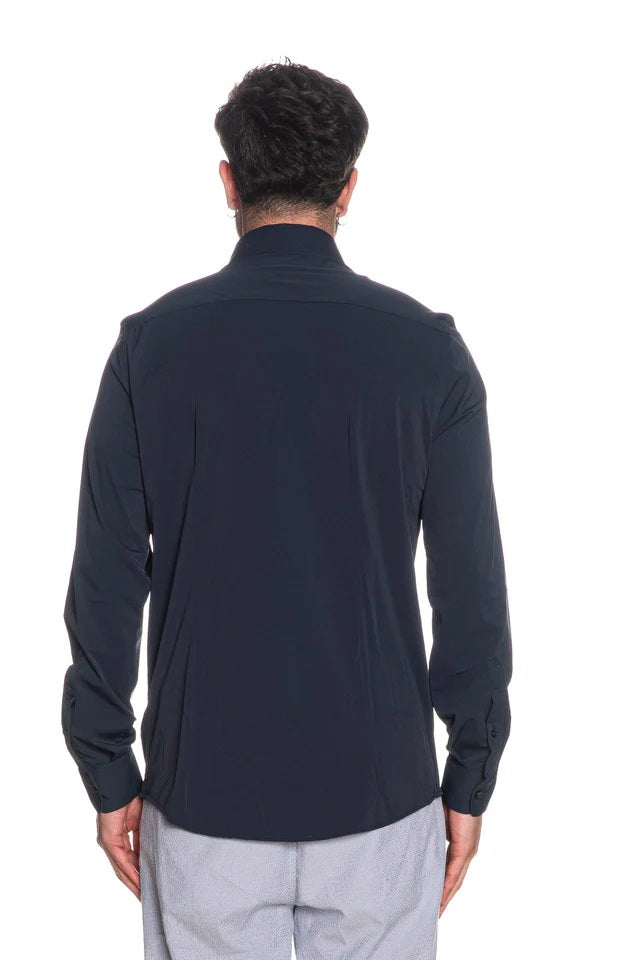 Camicia blu in Nylon a Maniche Lunghe con Collo Italiano 