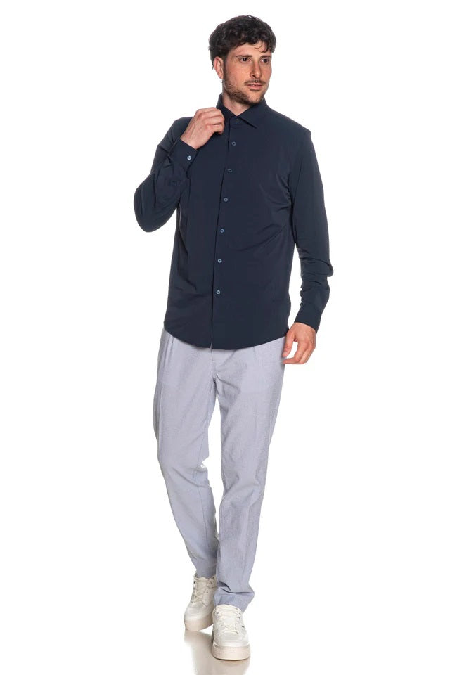 Camicia blu in Nylon a Maniche Lunghe con Collo Italiano 