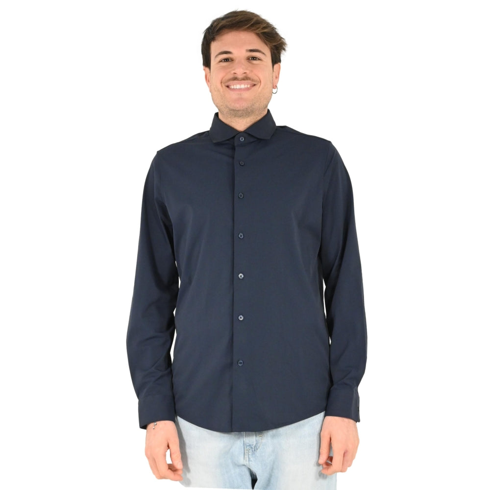 Camicia blu in Nylon a Maniche Lunghe con Collo Italiano 