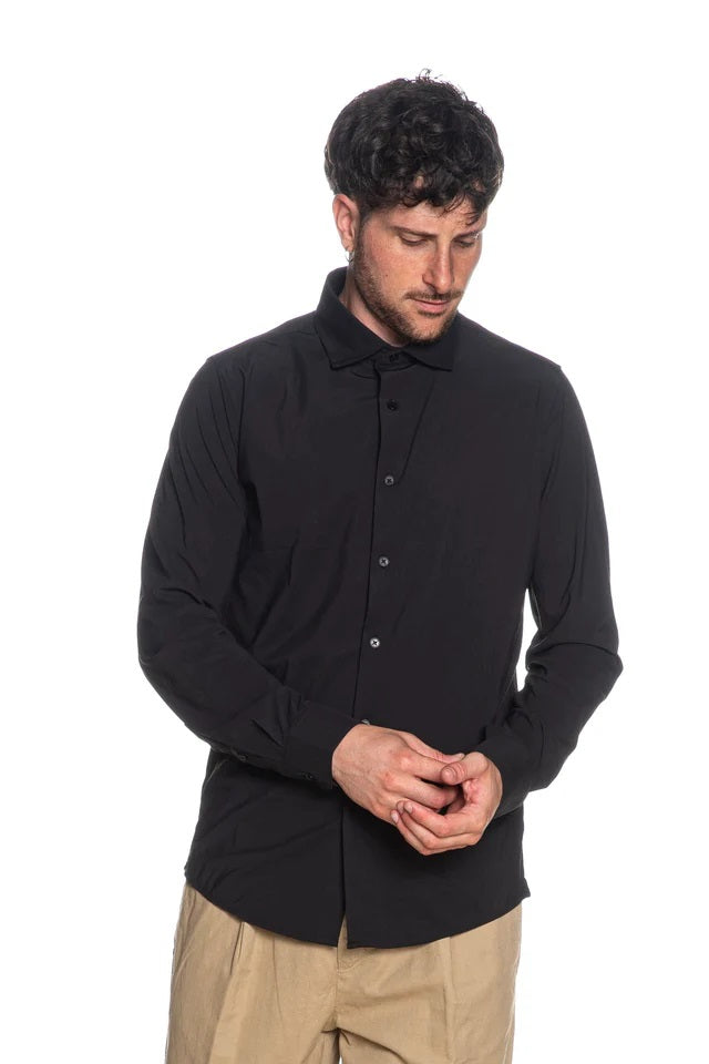 Camicia nera in Nylon a Maniche Lunghe con Collo Italiano 