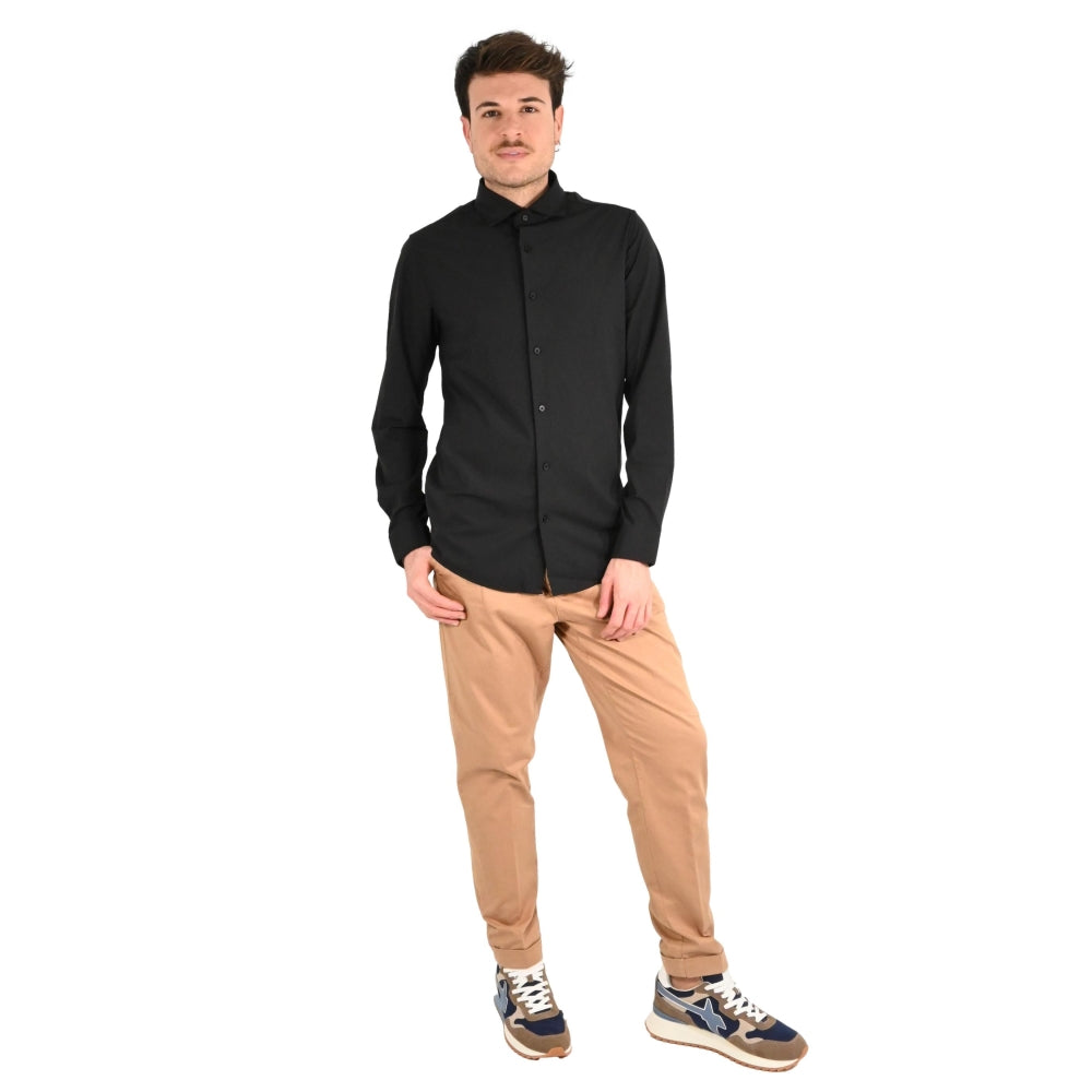 Camicia nera in Nylon a Maniche Lunghe con Collo Italiano 