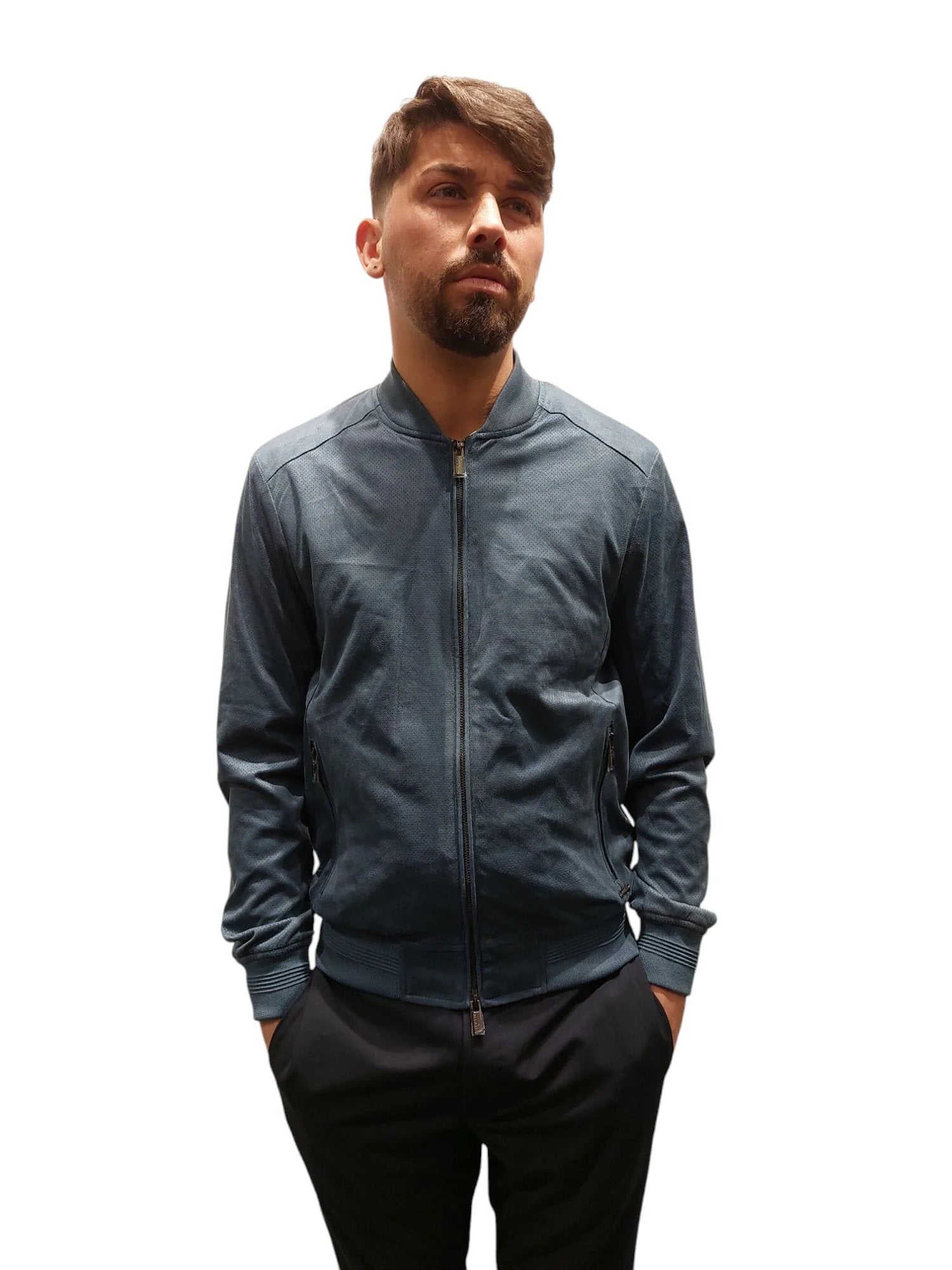 Giubbotto bomber in tessuto effetto camoscio traforato blu avio 