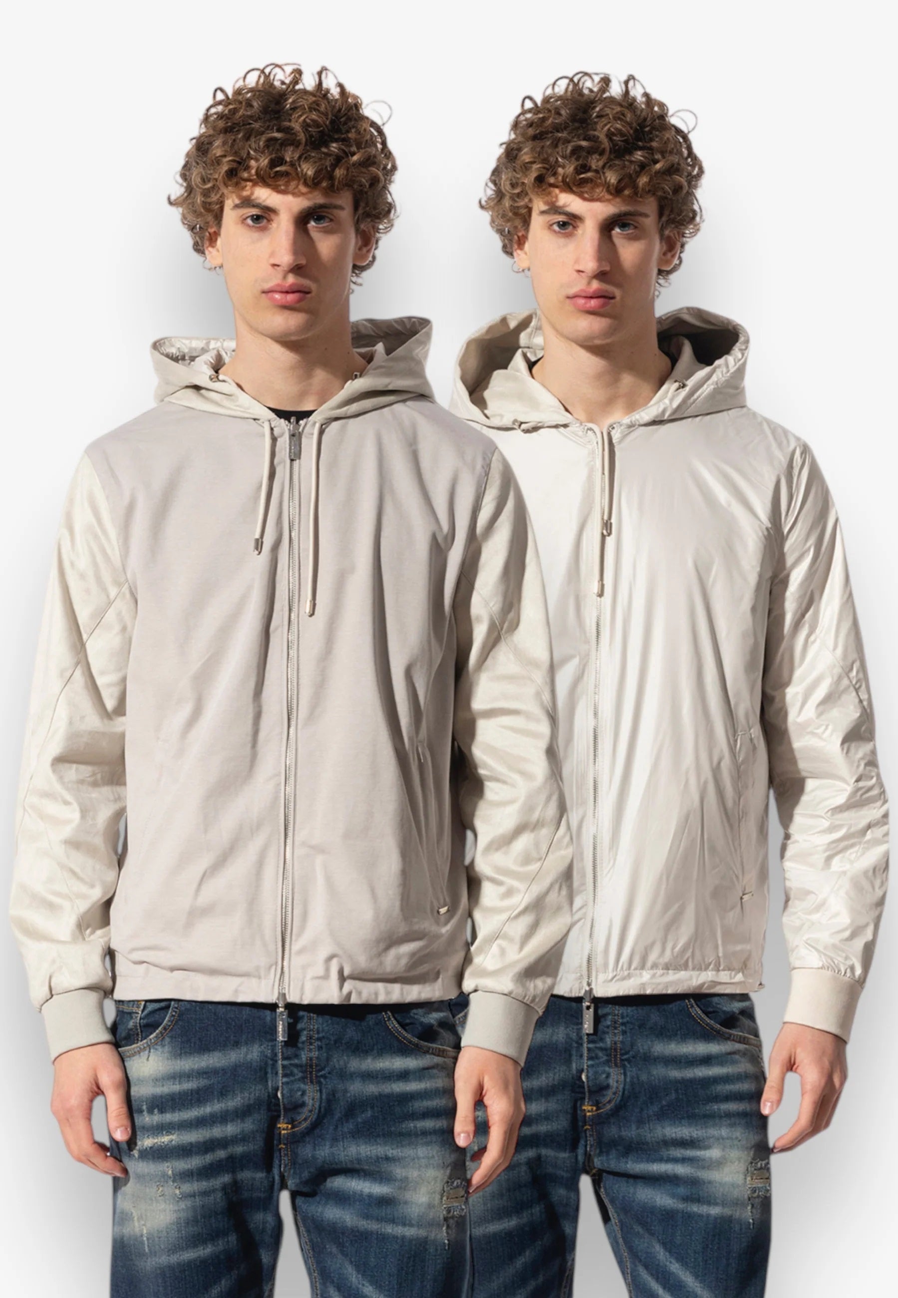 Giubbino con cappuccio in tessuto nylon goffrato beige 