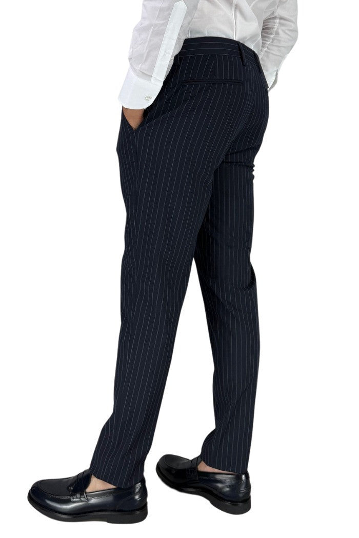 Pantalone Regular Gessato Blu in Poliviscosa 