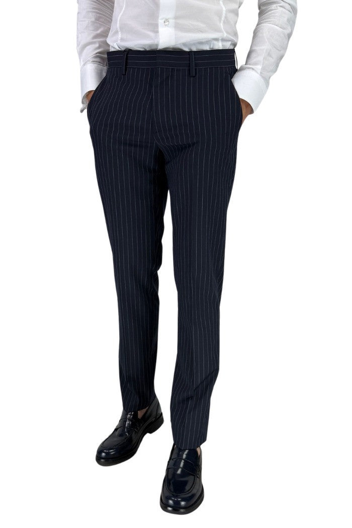 Pantalone Regular Gessato Blu in Poliviscosa 
