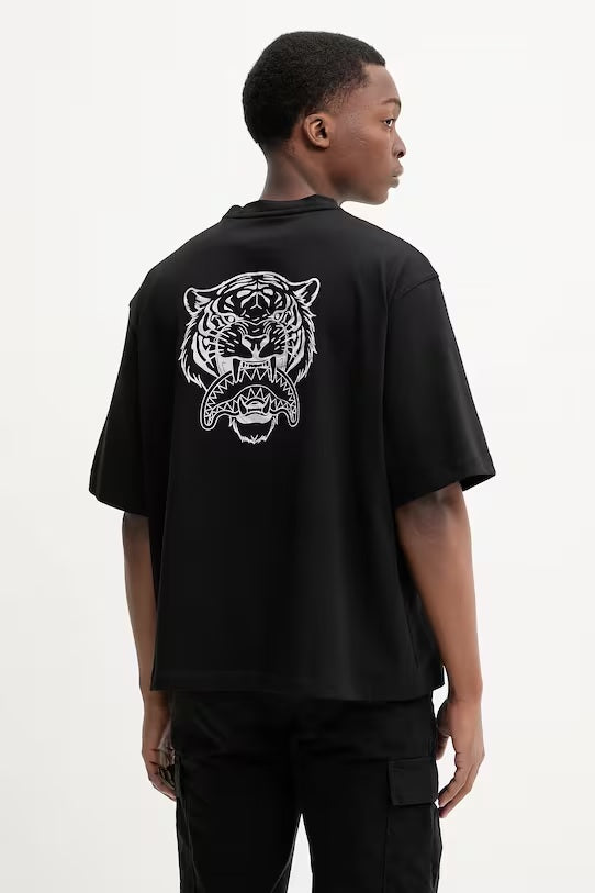 T-shirt "Tiger Punk" Nera con Stampa Metallizzata e Fit Boxy 