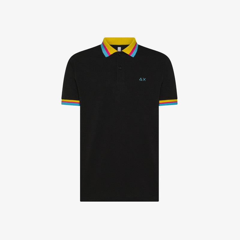 Polo Nera SUN68 con Righe Multicolor a Contrasto 