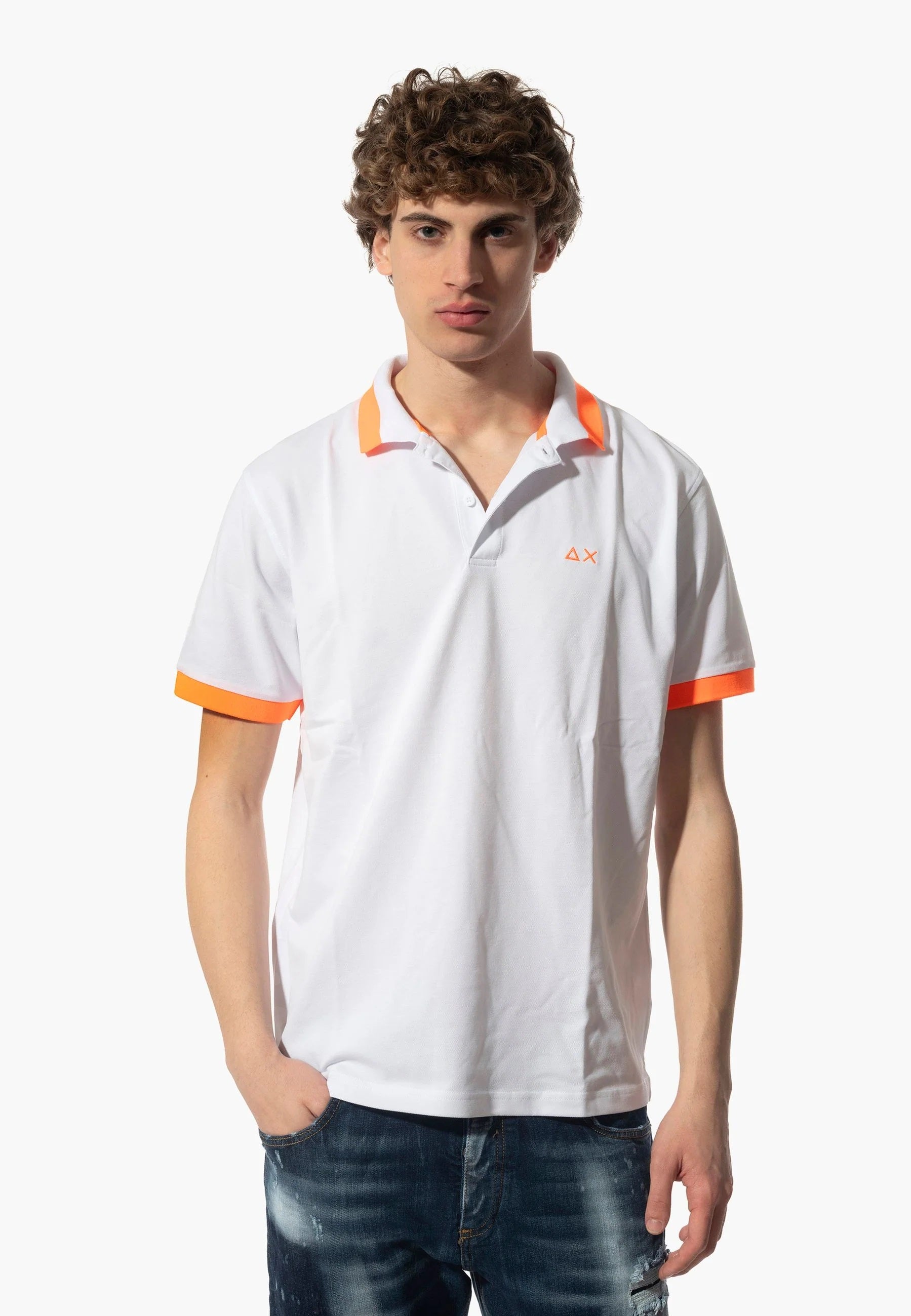 Polo Uomo "Big Stripe Fluo" Bianca con Dettagli Arancioni SUN68 