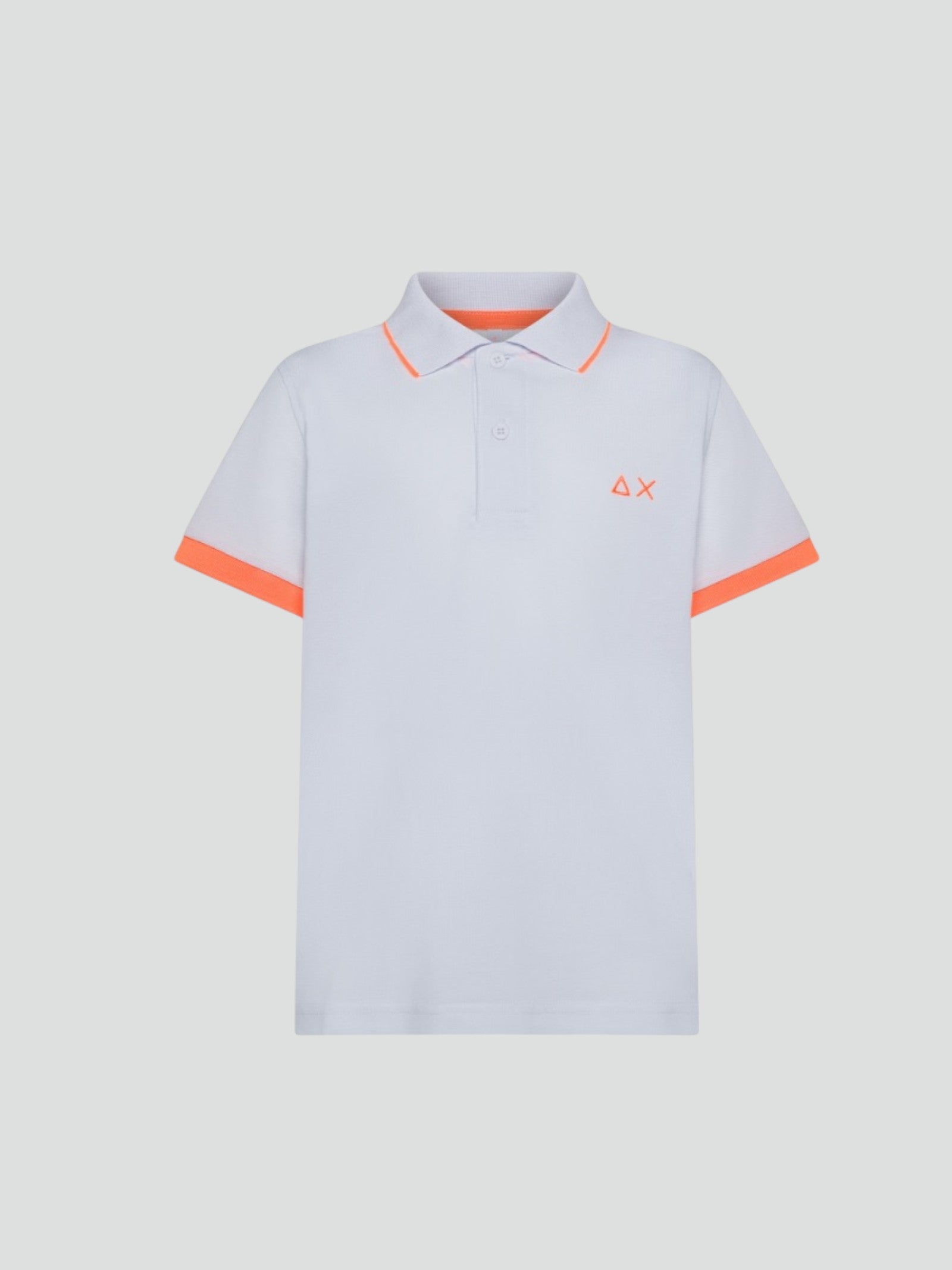Polo Bambino bianca con Profili Fluo arancioni e Logo a Contrasto 