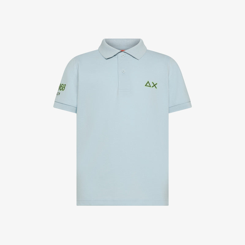 Polo Azzurra Bambino SUN68 con Logo Verde a Contrasto 