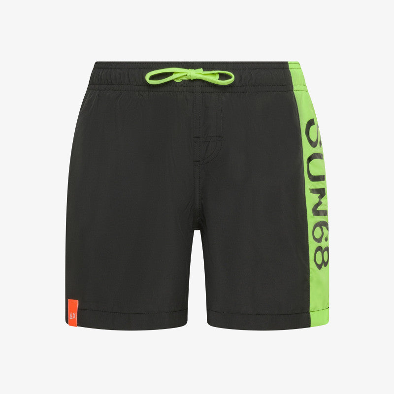 Costume Mare Bambino SUN68 in Nylon nero con Banda Logata verde fluo 