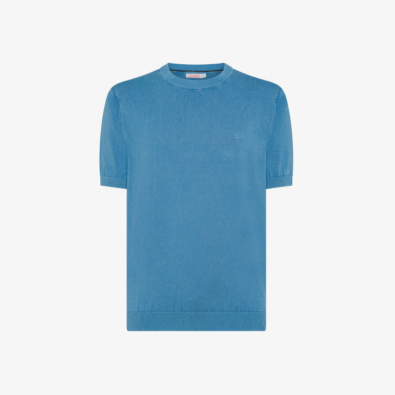 T-shirt in Maglia "SUN68" Avio con Logo Ricamato Tono su Tono 