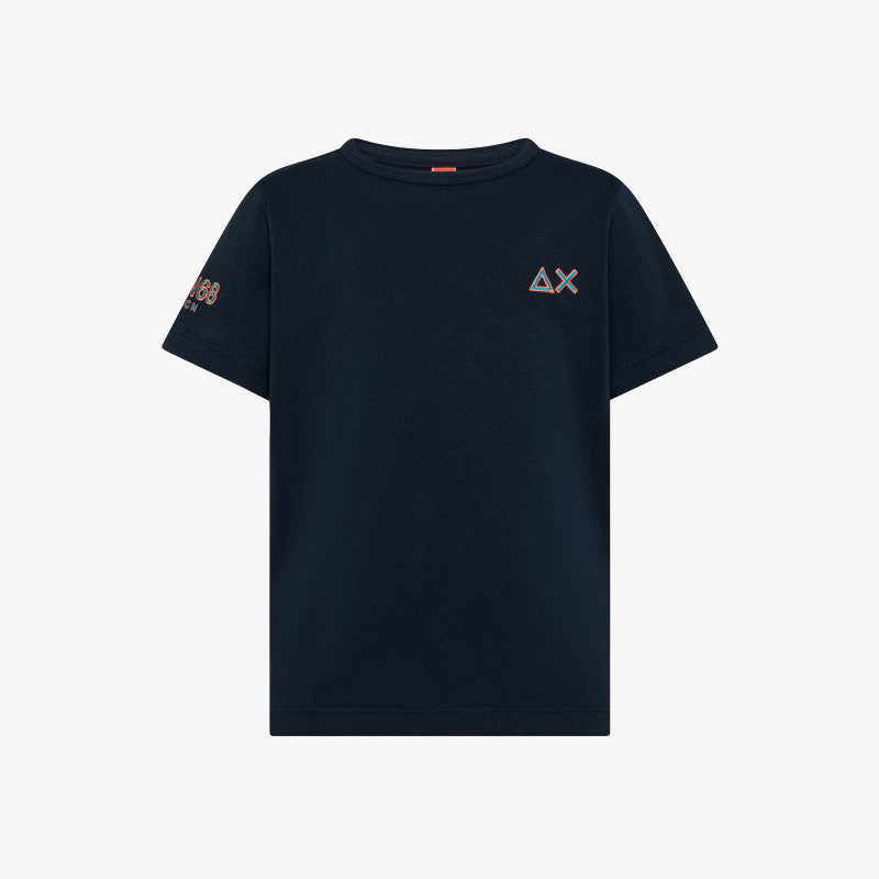 T-shirt blu navy in jersey di cotone con doppio logo ricamato 