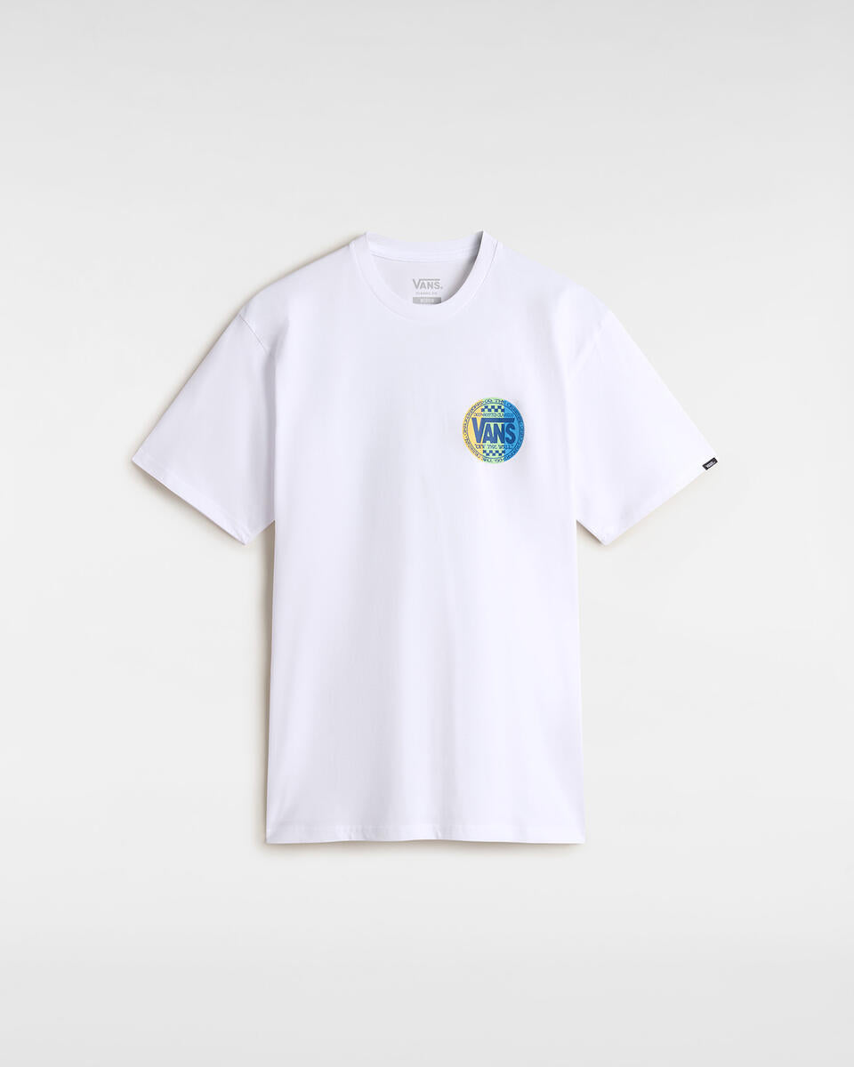 T-shirt "Deep Rooted Classics" Bianca con Grafica Circolare Blu e Gialla 