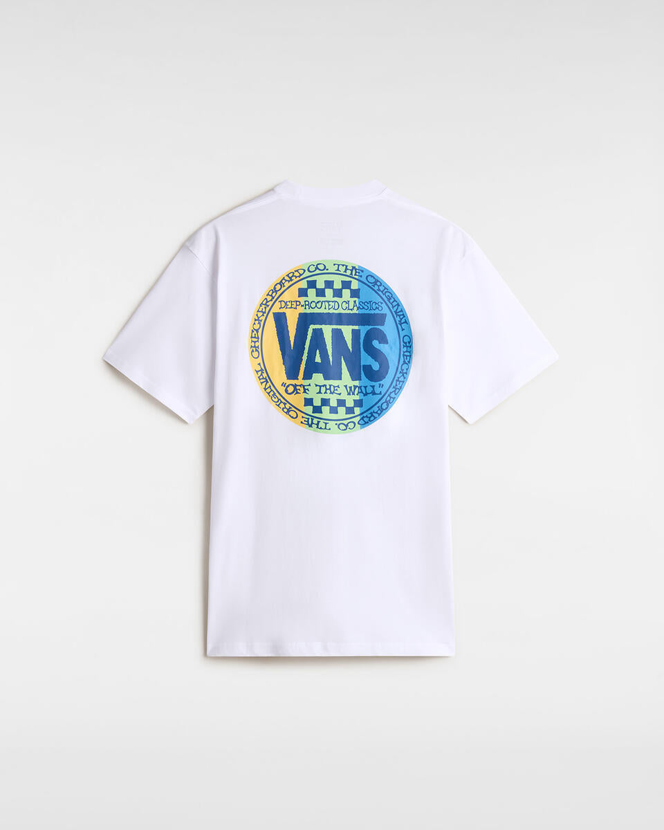 T-shirt "Deep Rooted Classics" Bianca con Grafica Circolare Blu e Gialla 